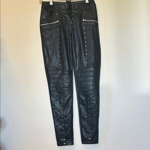 Black pleather pants brass look studs silver zippers tie front size medium